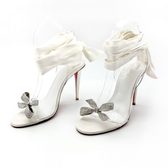 CHRISTIAN LOUBOUTIN Astrinodo Crystal Bow PVC White Sandal Size 38.5 Heel - Picture 1 of 16